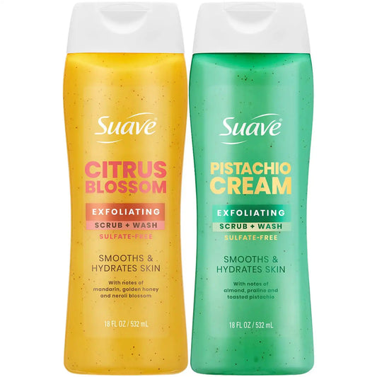 Suave Exfoliating Scrub + Wash Variety 2-Pack – Citrus Blossom & Pistachio Cream, Sulfate-Free Body Wash Set, 18 Oz Ea