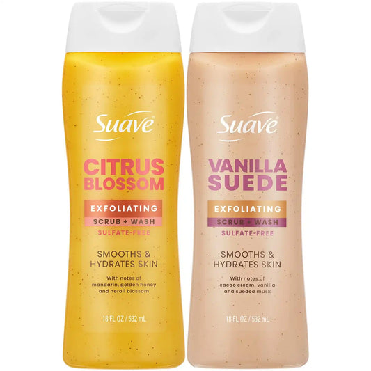 Suave Exfoliating Scrub + Wash Variety 2-Pack – Citrus Blossom & Vanilla Suede, Sulfate-Free Body Wash Set, 18 Oz Ea