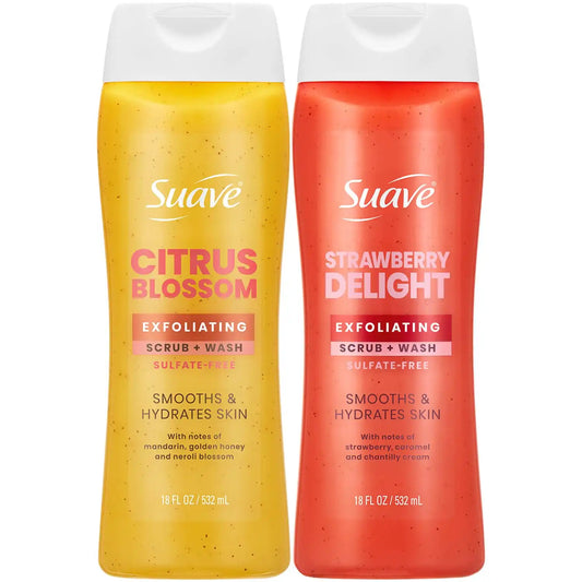 Suave Exfoliating Scrub + Wash Variety 2-Pack – Citrus Blossom & Strawberry Delight, Sulfate-Free Body Wash Set, 18 Oz Ea