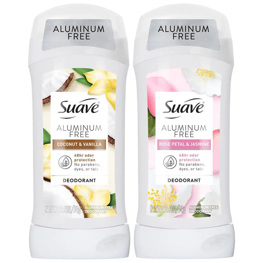 Suave Aluminum-Free Deodorant Variety 2-Pack – Coconut & Vanilla + Rose Petal & Jasmine, 48H Odor Protection, Free of Parabens, Dyes & Talc, 2.7 Oz Ea
