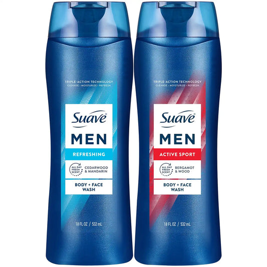 Suave Men Body Wash Variety 2-Pack – Refreshing Body + Face Wash, Cedarwood & Mandarin + Energizing Sport Body + Face Wash, Bergamot & Wood, 18 Oz Ea