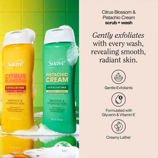 Suave Exfoliating Scrub + Wash Variety 2-Pack – Citrus Blossom & Pistachio Cream, Sulfate-Free Body Wash Set, 18 Oz Ea