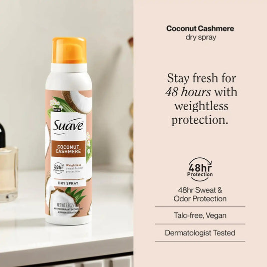 Suave Coconut Cashmere Antipersirant Deodorant Dry Spray, for 48hr odor & wetness protection, 3.8oz, 12 pack