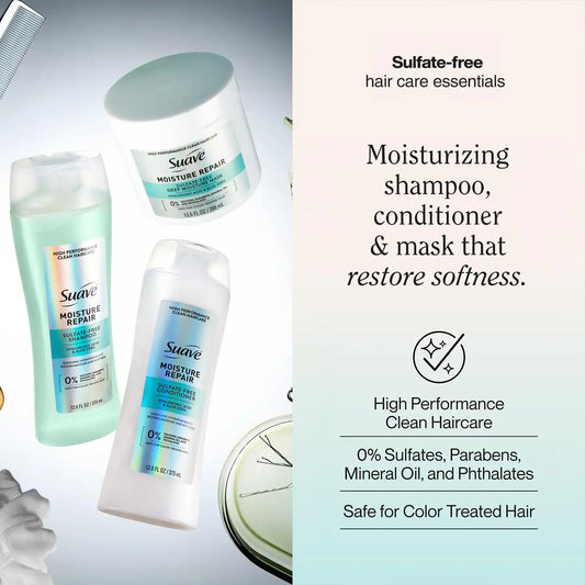 Suave Moisture Repair Sulfate-Free Shampoo & Conditioner Set + Deep Moisture Mask – Lightweight, Hydrating Hair Treatment for Dry, Damaged Hair