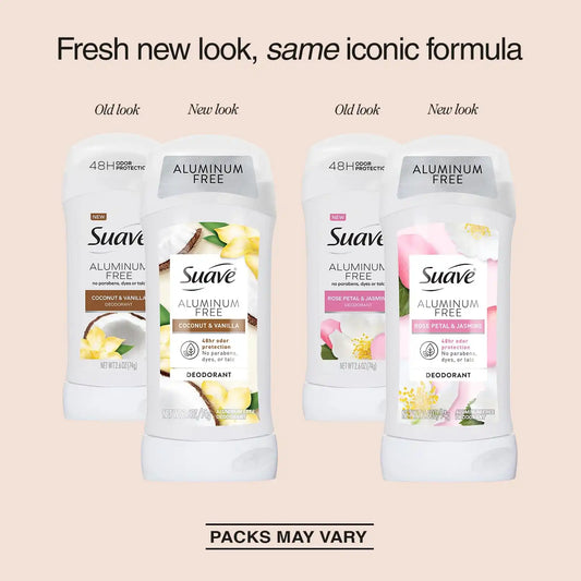 Suave Aluminum-Free Deodorant Variety 2-Pack – Coconut & Vanilla + Rose Petal & Jasmine, 48H Odor Protection, Free of Parabens, Dyes & Talc, 2.7 Oz Ea