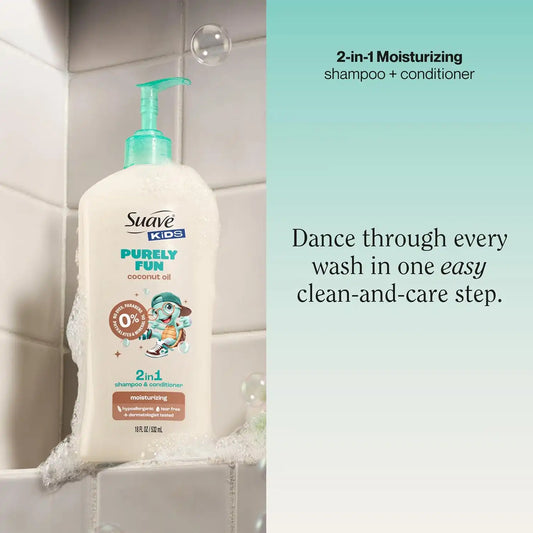 Suave Kids Purely Fun 2 in 1 Shampoo and Conditioner with Coconut Oil, Tear-Free, Hypoallergenic, Gentle Hair Care for Kids with Sensitive Scalps, 4 Count, 28 FL OZ