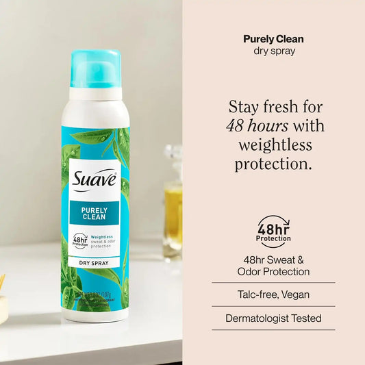 Suave Purely Clean Antipersirant Deodorant Dry Spray, for 48hr odor & wetness protection, 3.8oz, 12 pack