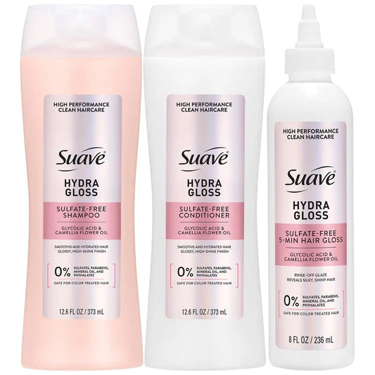 Suave Hydra Gloss Sulfate-Free Shampoo & Conditioner Set + 5-Minute Hair Gloss Glaze – Lightweight, Hydrating Hair Products with Glycolic Acid & Camellia Oil