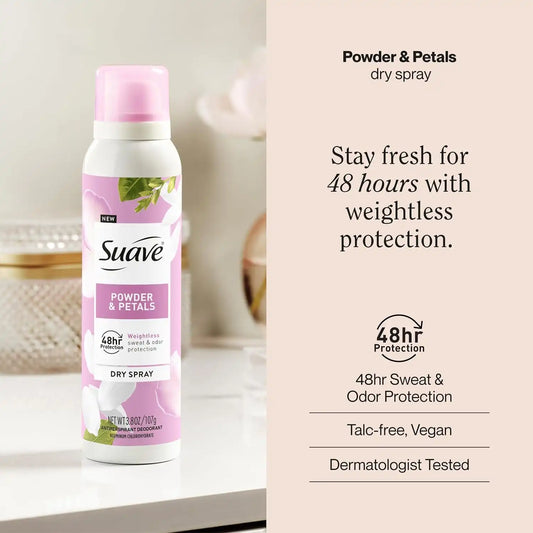 Suave Powder & Petals Antipersirant Deodorant Dry Spray, for 48hr odor & wetness protection, 3.8oz, 12 pack