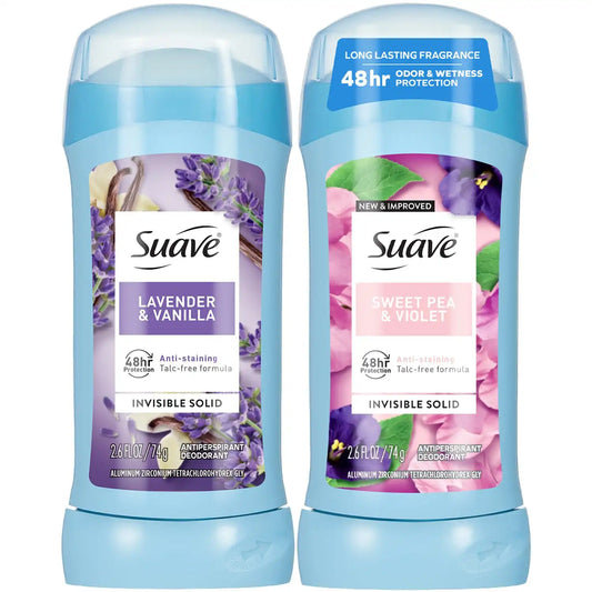 Suave Antiperspirant Deodorant for Women Variety 2-Pack – Lavender & Vanilla + Sweet Pea & Violet, Anti-Staining Invisible Solid, Talc-Free, 2.6 Oz Ea