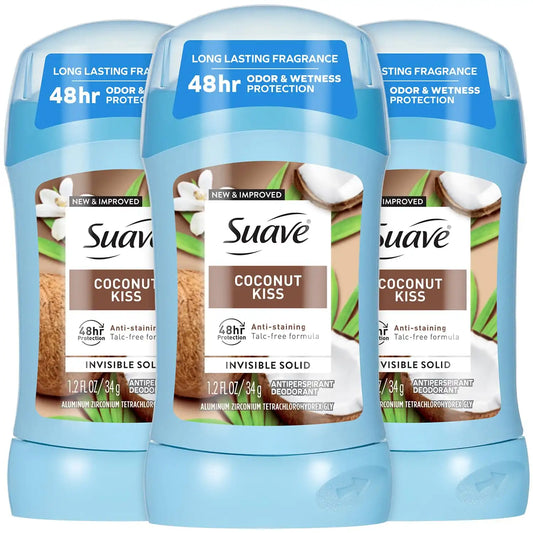 Suave Antiperspirant Deodorant for Women, Coconut Kiss 3-Pack – Anti-Staining Invisible Solid Sticks, Talc-Free, 1.2 Oz Ea