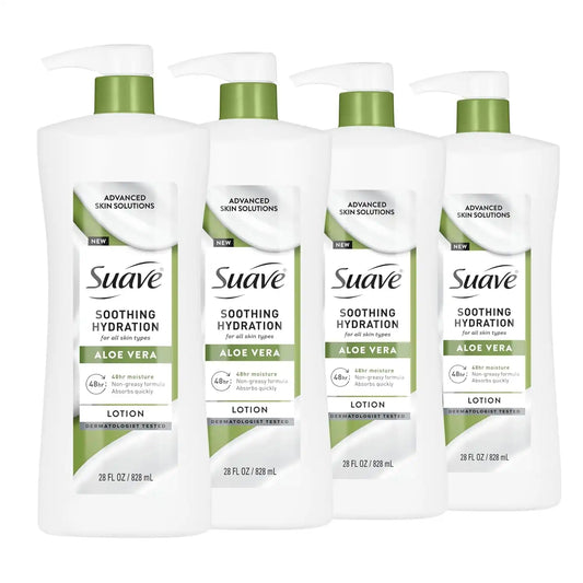 Suave Soothing Hydration Hand & Body Lotion With Aloe Vera Refreshes Dry Skin, Fast Absorbing, Intensive Moisturizing Cream For Women, Non Greasy, Allergen Free, 28 FL OZ, 4 Pack