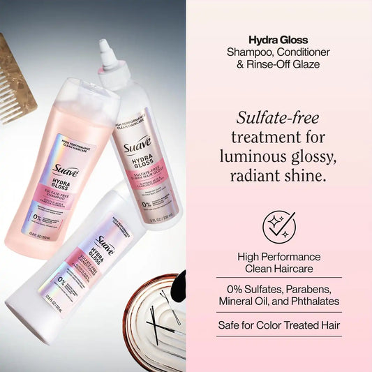 Suave Hydra Gloss Sulfate-Free Shampoo & Conditioner Set + 5-Minute Hair Gloss Glaze – Lightweight, Hydrating Hair Products with Glycolic Acid & Camellia Oil