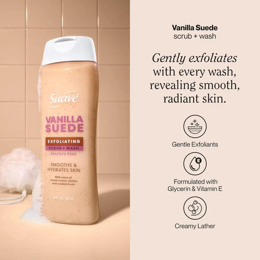 Suave Vanilla Suede Exfoliating Body Wash & Scrub with Glycerin & Vitamin E, Sulfate-Free Hydrating Cleanser for Soft, Smooth Skin, 6 Count, 18 FL OZ