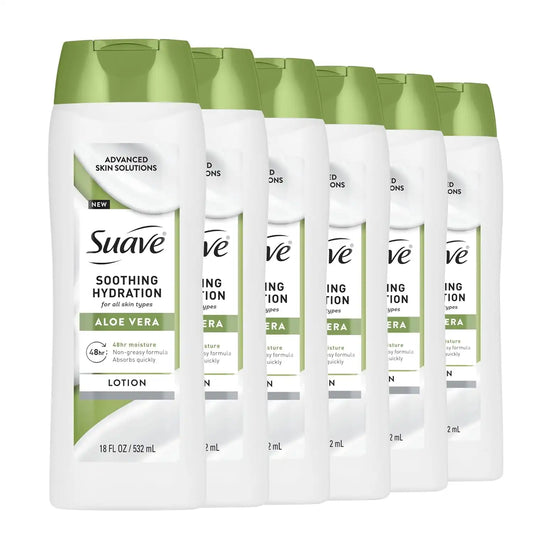 Suave Soothing Hydration Hand & Body Lotion With Aloe Vera Refreshes Dry Skin, Fast Absorbing, Intensive Moisturizing Cream For Women, Non Greasy, Allergen Free, 18 FL OZ, 6 Pack