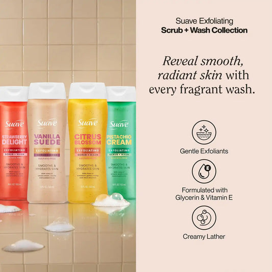 Suave Exfoliating Scrub + Wash Variety 4-Pack – Vanilla Suede, Strawberry Delight, Citrus Blossom & Pistachio Cream, Sulfate-Free Body Wash Set, 18 Oz Ea