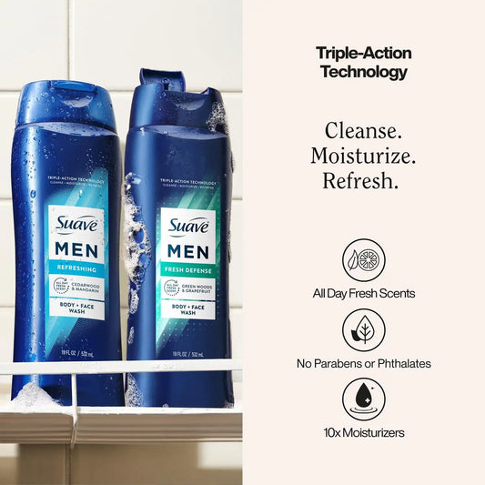 Suave Men Face & Body Wash, 2-in-1 Variety 2-Pack – Fresh Defense + Refreshing, Moisturizing Shower Gel, 18 Fl Oz Ea