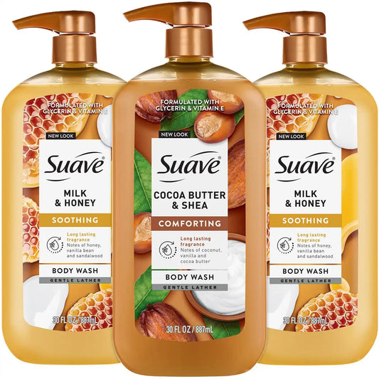 Suave Body Wash, Milk & Honey + Cocoa Butter Shea 3-Pack, 30 Oz Ea