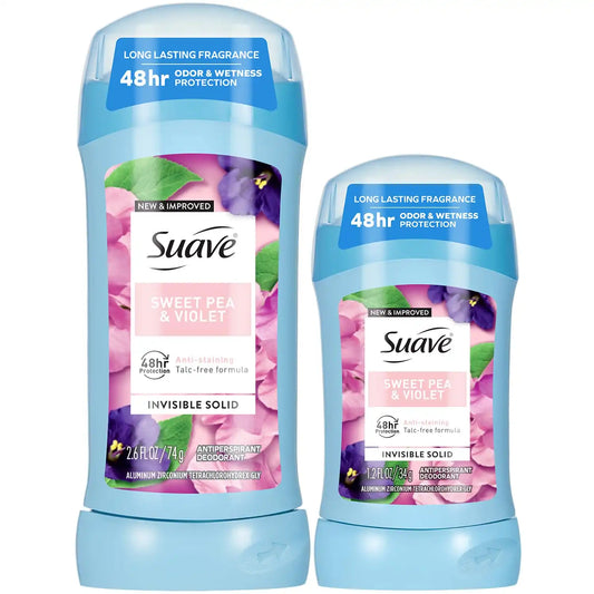 Suave Antiperspirant Deodorant for Women, Sweet Pea & Violet 2-Size Variety Pack – Anti-Staining Invisible Solid, Talc-Free (2 Piece Set)