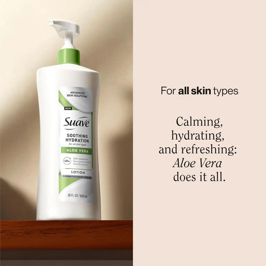Suave Soothing Hydration Hand & Body Lotion With Aloe Vera Refreshes Dry Skin, Fast Absorbing, Intensive Moisturizing Cream For Women, Non Greasy, Allergen Free, 28 FL OZ, 4 Pack