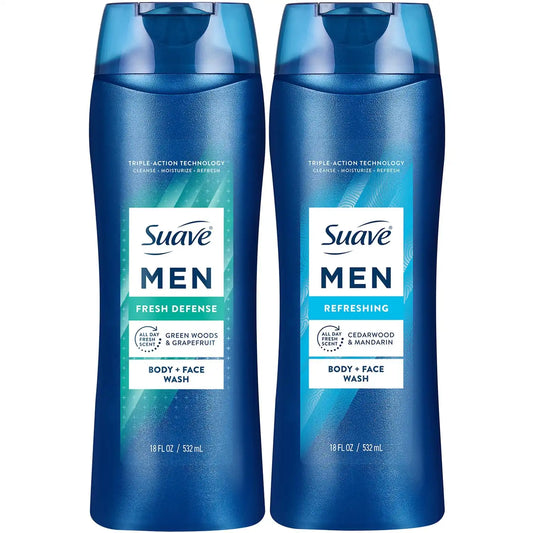 Suave Men Face & Body Wash, 2-in-1 Variety 2-Pack – Fresh Defense + Refreshing, Moisturizing Shower Gel, 18 Fl Oz Ea