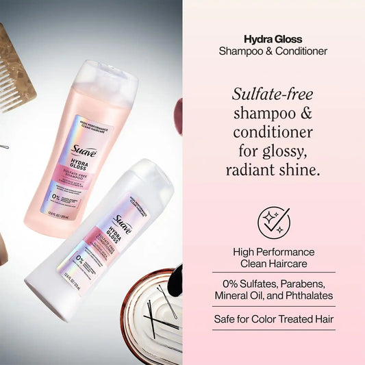 Suave Hydra Gloss Sulfate-Free Shampoo & Conditioner Set – Lightweight, Hydrating Hair Products with Glycolic Acid & Camellia Oil, 12.6 Oz Ea