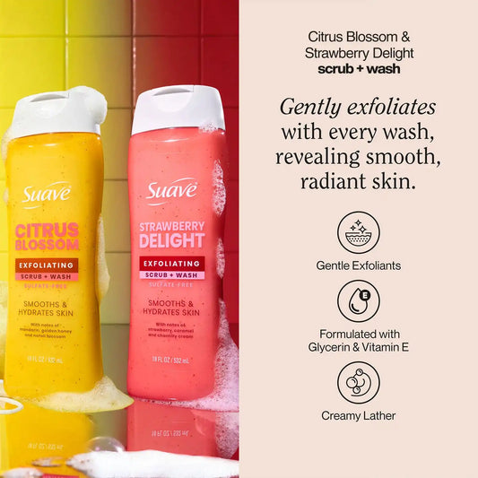 Suave Exfoliating Scrub + Wash Variety 2-Pack – Citrus Blossom & Strawberry Delight, Sulfate-Free Body Wash Set, 18 Oz Ea