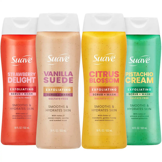 Suave Exfoliating Scrub + Wash Variety 4-Pack – Vanilla Suede, Strawberry Delight, Citrus Blossom & Pistachio Cream, Sulfate-Free Body Wash Set, 18 Oz Ea