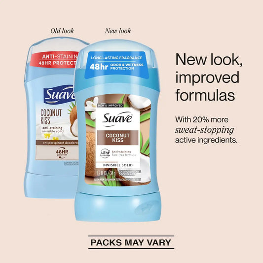 Suave Antiperspirant Deodorant for Women, Coconut Kiss 3-Pack – Anti-Staining Invisible Solid Sticks, Talc-Free, 1.2 Oz Ea