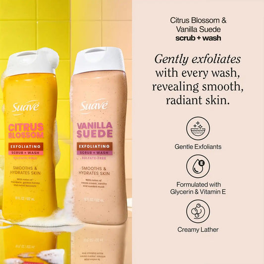 Suave Exfoliating Scrub + Wash Variety 2-Pack – Citrus Blossom & Vanilla Suede, Sulfate-Free Body Wash Set, 18 Oz Ea