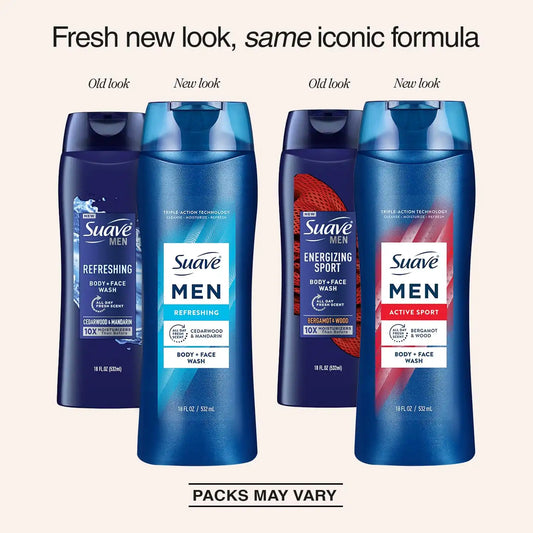 Suave Men Body Wash Variety 2-Pack – Refreshing Body + Face Wash, Cedarwood & Mandarin + Energizing Sport Body + Face Wash, Bergamot & Wood, 18 Oz Ea