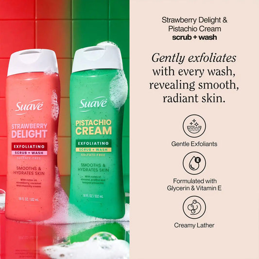 Suave Exfoliating Scrub + Wash Variety 2-Pack – Strawberry Delight & Pistachio Cream, Sulfate-Free Body Wash Set, 18 Oz Ea