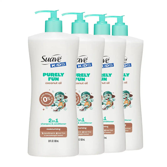 Suave Kids Purely Fun 2 in 1 Shampoo and Conditioner with Coconut Oil, Tear-Free, Hypoallergenic, Gentle Hair Care for Kids with Sensitive Scalps, 4 Count, 28 FL OZ