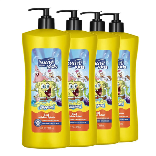 Suave Kids SpongeBob 3-in-1 Shampoo Conditioner Body Wash, 28 fl oz, 4-Pack