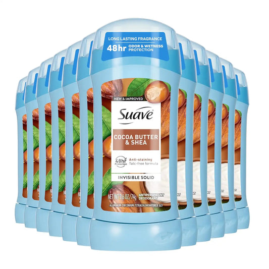 Suave Antiperspirant Deodorant For Women, Invisible Underarm Deodorant, 48hr Odor & Wetness Protection, Cocoa Butter & Shea, Sensitive Skin Deodorant Solid Stick, 2.6 oz (12 Bulk Pack)