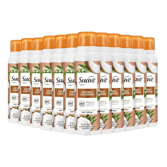 Suave Coconut Cashmere Antipersirant Deodorant Dry Spray, for 48hr odor & wetness protection, 3.8oz, 12 pack