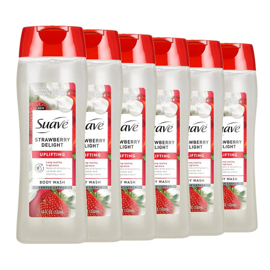 Suave Strawberry Delight Uplifting Body Wash, Formulated with Glycerin and Vitamin E for Hydrating and Gently Cleansing Skin, 18 FL OZ, 6 Pack