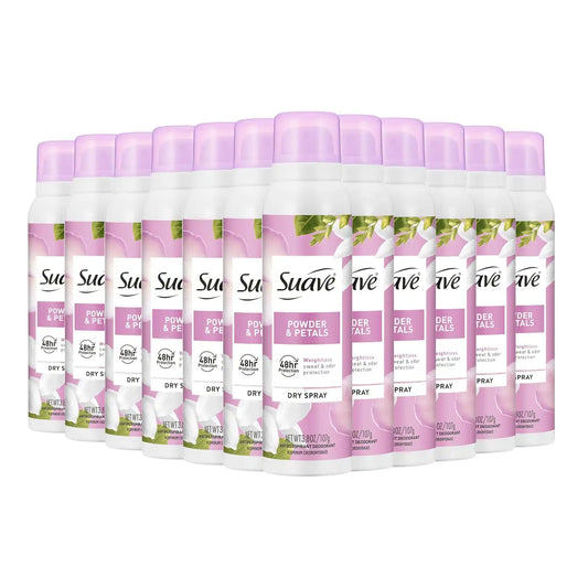 Suave Powder & Petals Antipersirant Deodorant Dry Spray, for 48hr odor & wetness protection, 3.8oz, 12 pack
