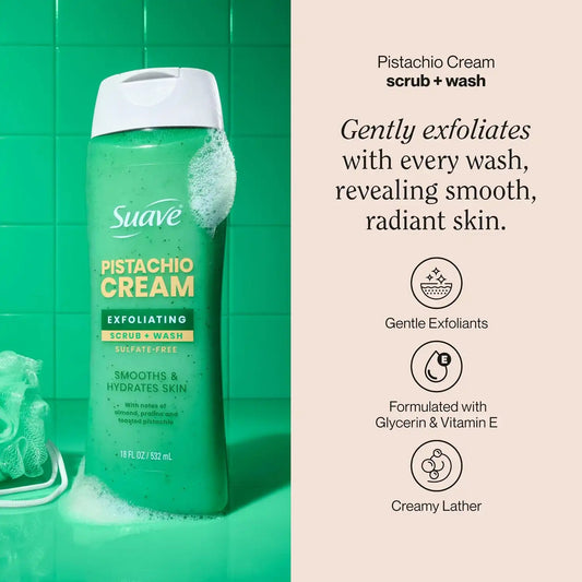 Suave Pistachio Cream Exfoliating Body Wash & Scrub with Glycerin & Vitamin E, Sulfate-Free Hydrating Cleanser for Soft, Smooth Skin, 6 Count, 18 FL OZ