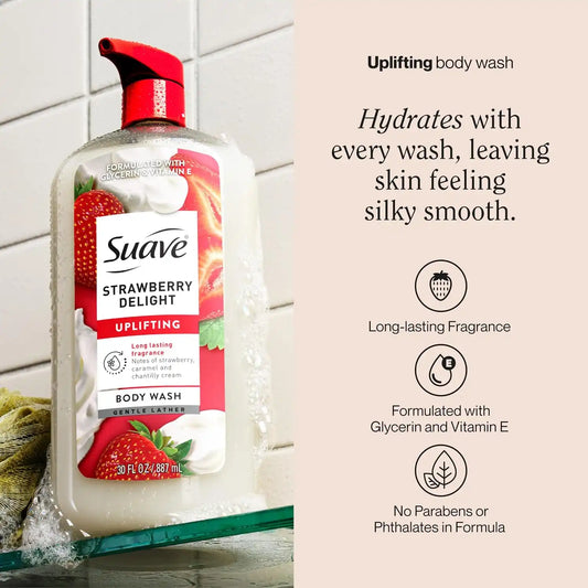 Suave Strawberry Delight Uplifting Body Wash, Formulated with Glycerin and Vitamin E for Hydrating and Gently Cleansing Skin, 30 FL OZ Pump, 4 Pack