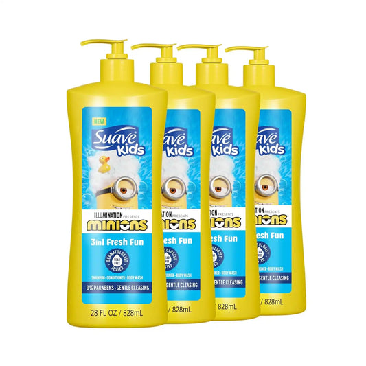 Suave Kids Minions 3in1 Shampoo Conditioner Body Wash, 28 fl oz, 4-Pack