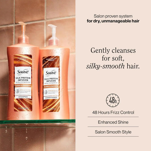 Suave Silk Protein Smooth & Sleek Shampoo, 48Hr Frizz, 28 fl oz, 4-Pack