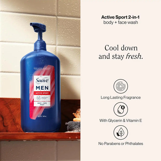Suave Men Moisturizing Body & Face Wash, Energizing Sport with Bergamot & Wood Scent, No Parabens, No Phtahaltes, 18 Oz Pack of 6
