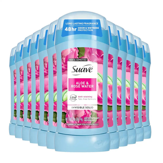Suave Antiperspirant Deodorant For Women, Invisible Underarm Deodorant, 48hr Odor & Wetness Protection, Aloe & Rosewater, Sensitive Skin Deodorant Solid Stick, 2.6 oz (12 Bulk Pack)