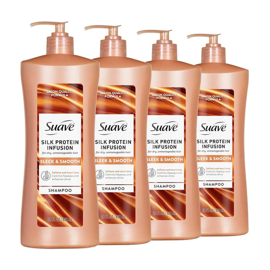 Suave Silk Protein Smooth & Sleek Shampoo, 48Hr Frizz, 28 fl oz, 4-Pack