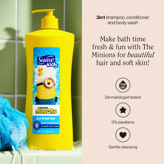 Suave Kids Minions 3in1 Shampoo Conditioner Body Wash, 28 fl oz, 4-Pack