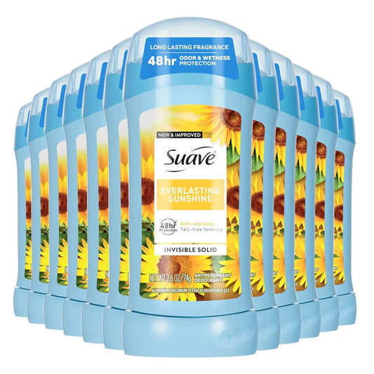 Suave Antiperspirant Deodorant For Women, Invisible Underarm Deodorant, 48hr Odor & Wetness Protection, Everlasting Sunshine, Sensitive Skin Deodorant Solid Stick, 2.6 oz (12 Bulk Pack)