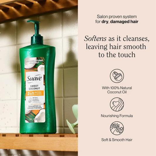 Suave Smooth & Shiny 2-in-1 Shampoo & Conditioner with Coconut Oil, Smoothness & Shine in One Step, No Parabens, Phthalates, or Dyes, 4 Pack, 28 FL OZ Each