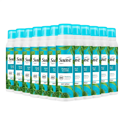 Suave Purely Clean Antipersirant Deodorant Dry Spray, for 48hr odor & wetness protection, 3.8oz, 12 pack