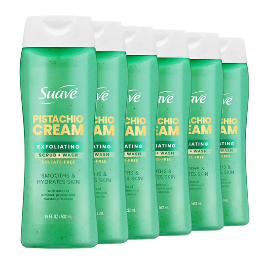 Suave Pistachio Cream Exfoliating Body Wash & Scrub with Glycerin & Vitamin E, Sulfate-Free Hydrating Cleanser for Soft, Smooth Skin, 6 Count, 18 FL OZ